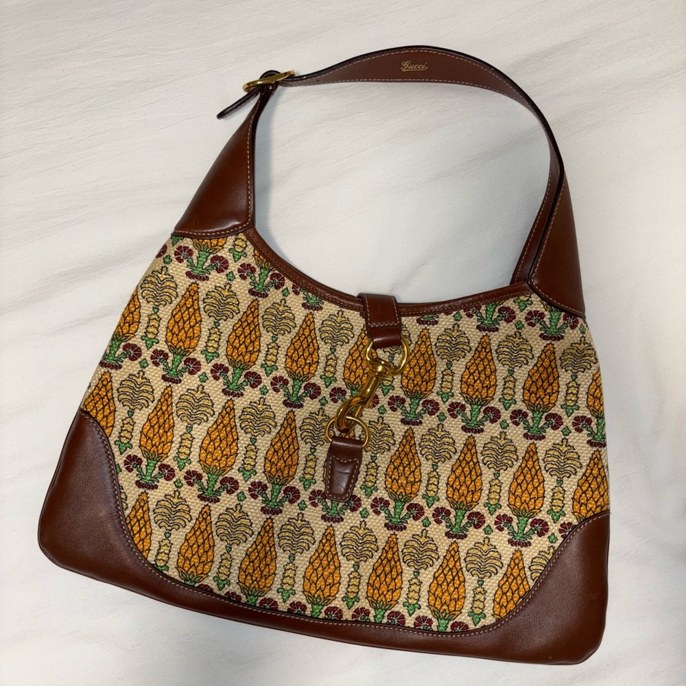 Gucci Canvas Pineapple Print Jackie O Bouvier Hobo - Brown